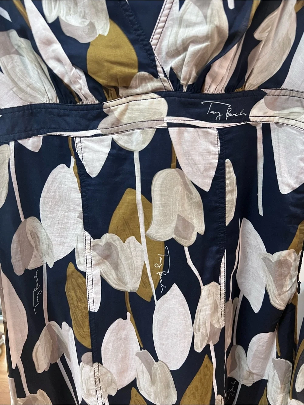 Tory Burch Sleeveless Floral Navy/Ivory Tulip Print Dress Tie Waist Size 4